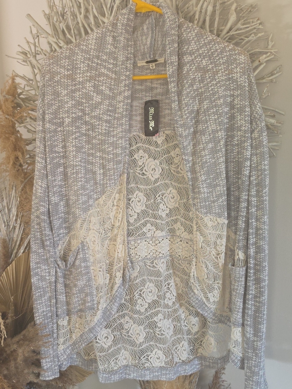 Miss Me Gray Cardigan with Cream Lace Insets